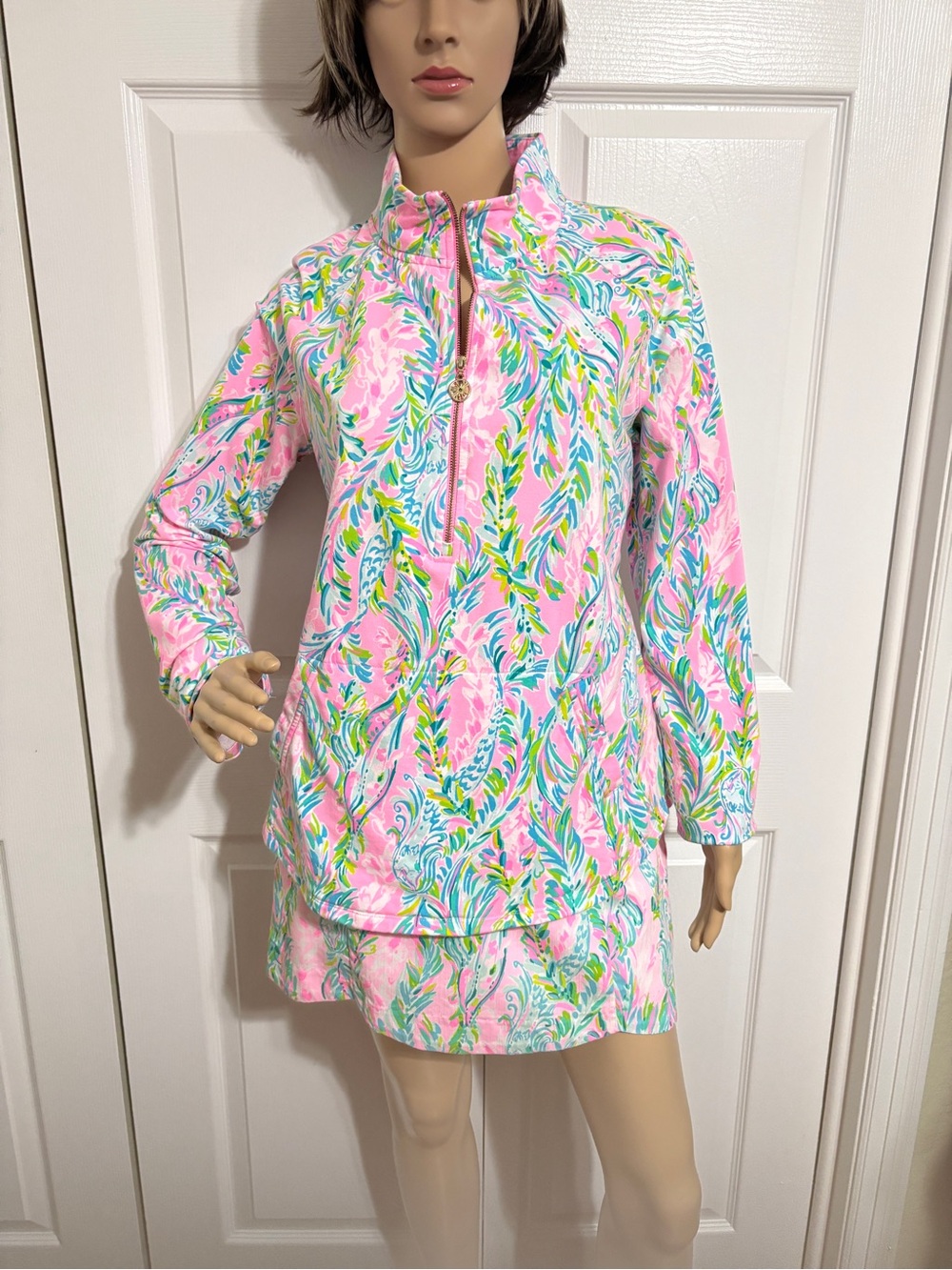 Lilly Pulitzer Pink/Multicolor Palm Print Half-Zip Skipper Popover top and skort